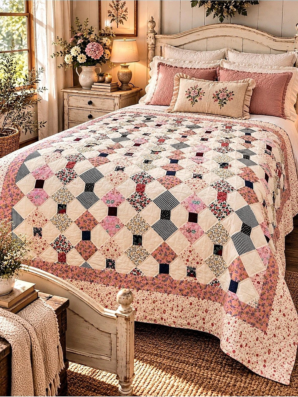 Vintage Patchwork Quilt 64x82 Floral Bow Tie Cottagecore Granny Chic Farmhouse